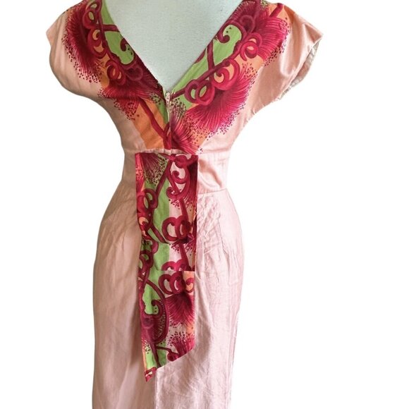Vintage 60s Hawaiian Togs Peach Floral Tiki Hostess Maxi Empire Waist Dress - Picture 9 of 10